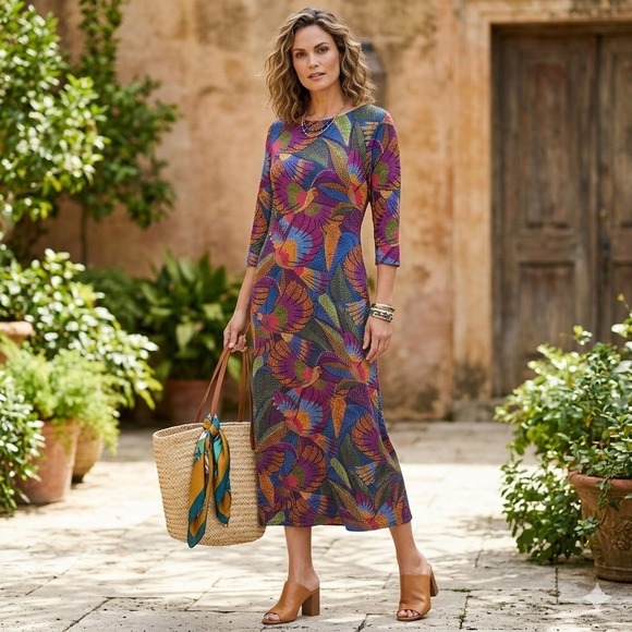 FARM Rio Dresses & Skirts - Farm Rio Dress Tropical Bird Flowers Macaws Midi Womens Large Multicolor Boho